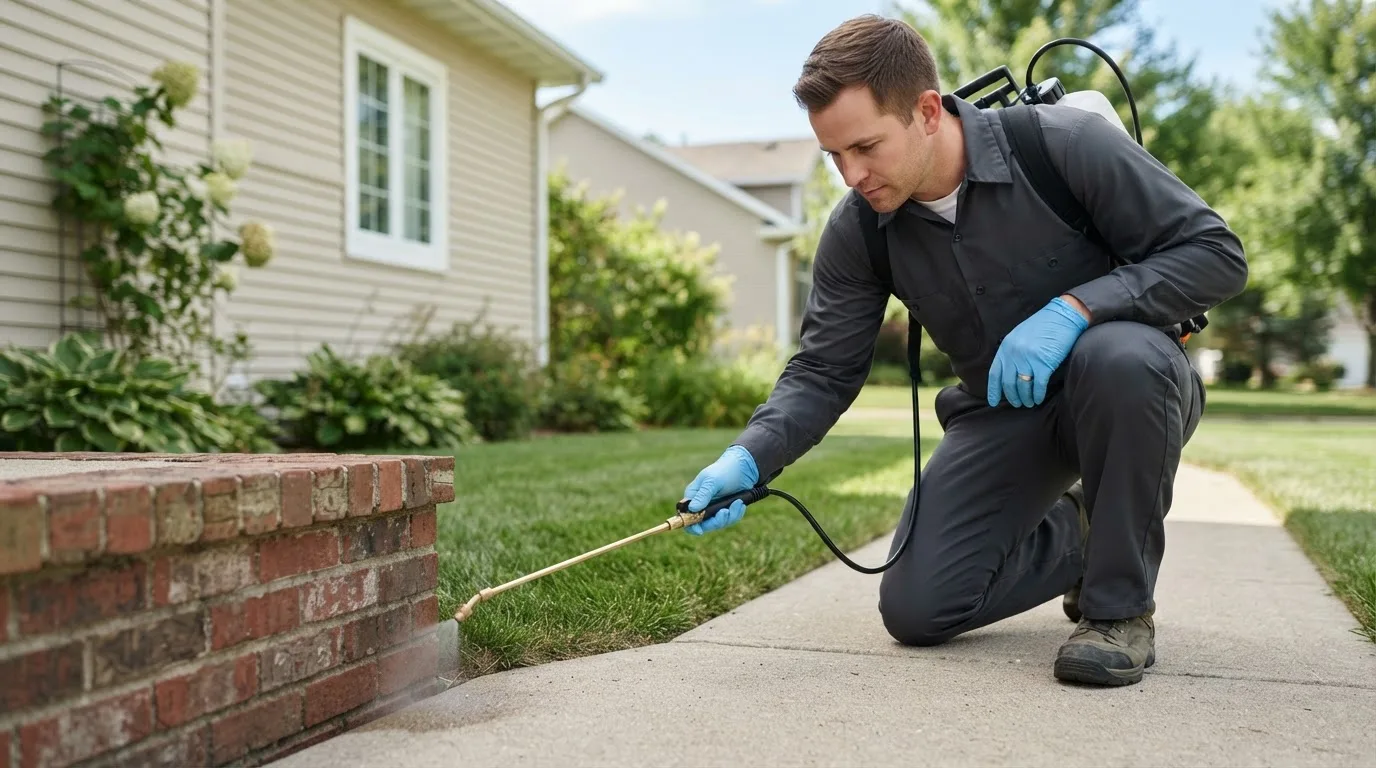 Pest control technician treating a home near Walpole, MA