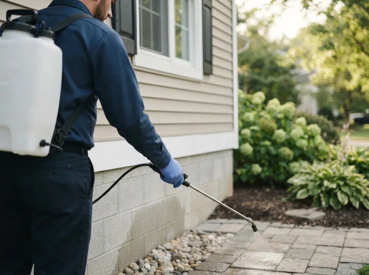 Pest control technician inspecting a home in Walpole, MA